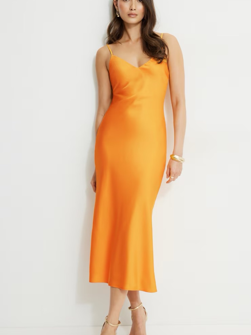 Satin Slip Midi Dress in Bright Orange